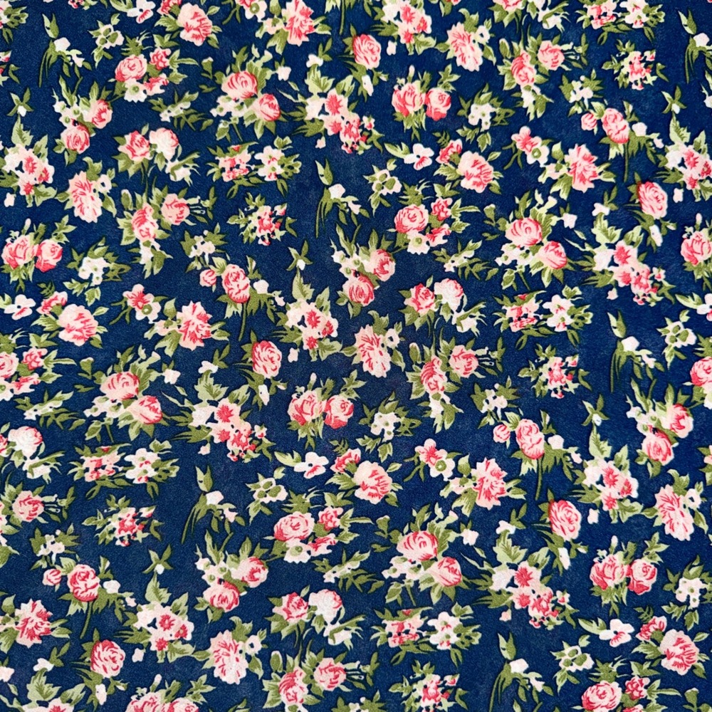 Floral Chiffon Fabric Navy Blue Pink Rose Print 3.2 Yards Sheer Georgette
